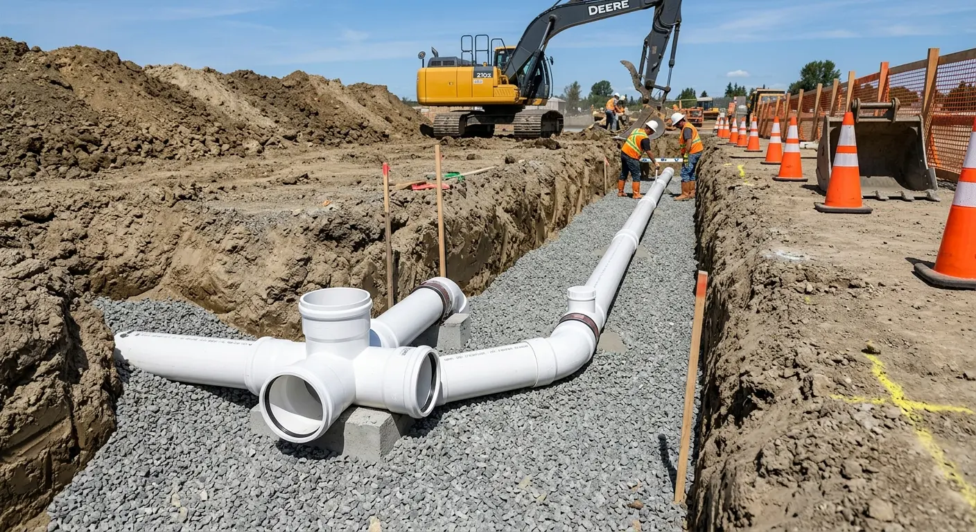 New PVC sewer pipe installation in open trench for Grease Trap Cleaning in Grant-Valkaria