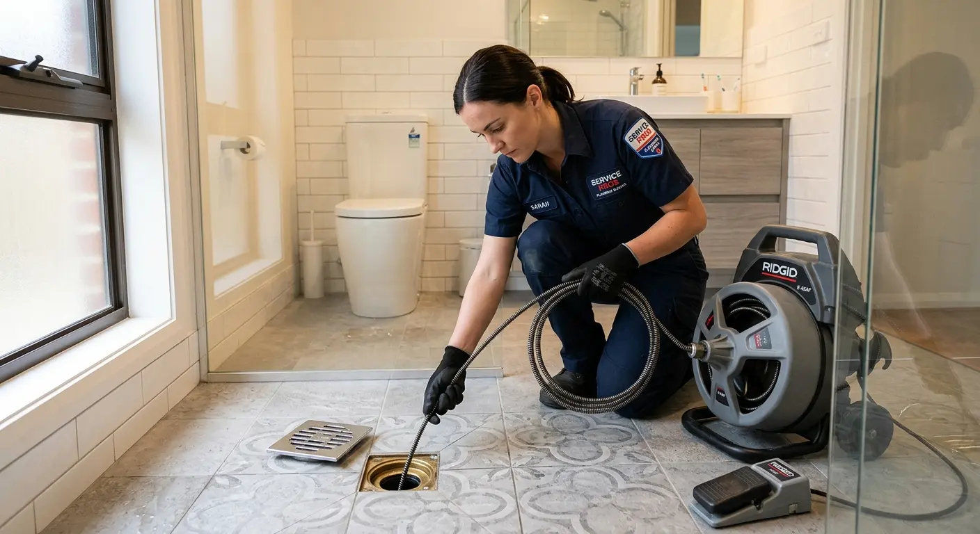 Technician clearing a bathroom floor drain for Hydro Jetting in Grant-Valkaria